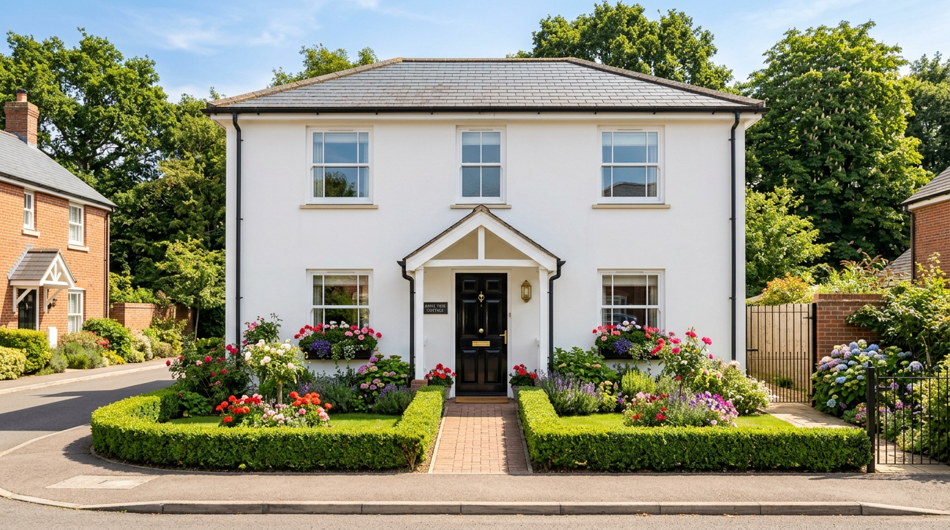 A freshly renovated home exterior with new windows, clean render and well-maintained entrance